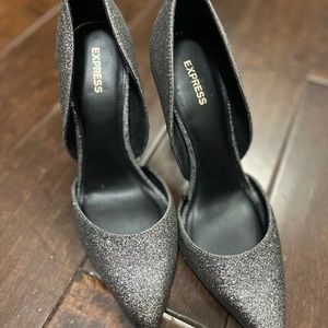 Express black/silver glitter heels, size 9
